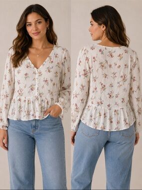 SO Floral Peplum Blouse, White Romantic Cottagecore Shirt Size L